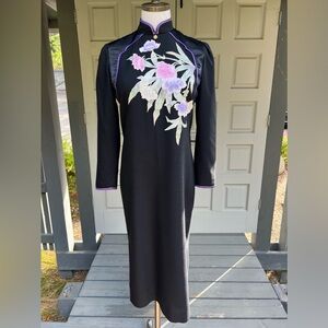 Vintage Asian Black Floral Dress with Purple Trim